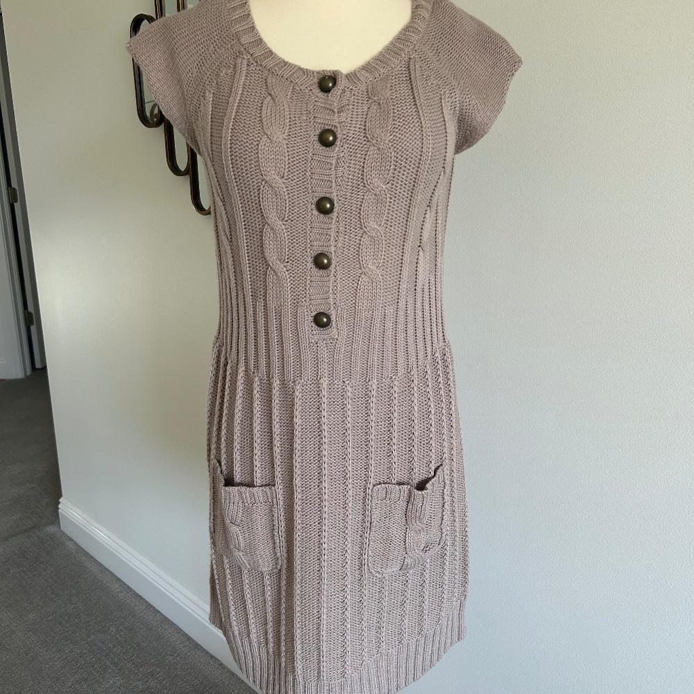 NWOT GRANE SWEATER DRESS KHAKI BROWN CABLE KNIT POCKETS BUTTONS TAN SZ LARGE Y2K